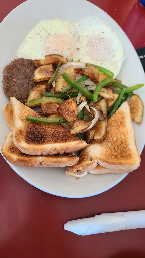 Eggs Homefries Onion Peppers and Toast